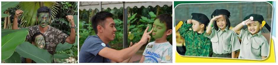 Camouflage face painting and children dressing up in mini SAF uniforms