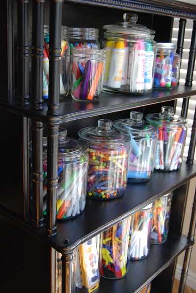 Organised stationery in jars